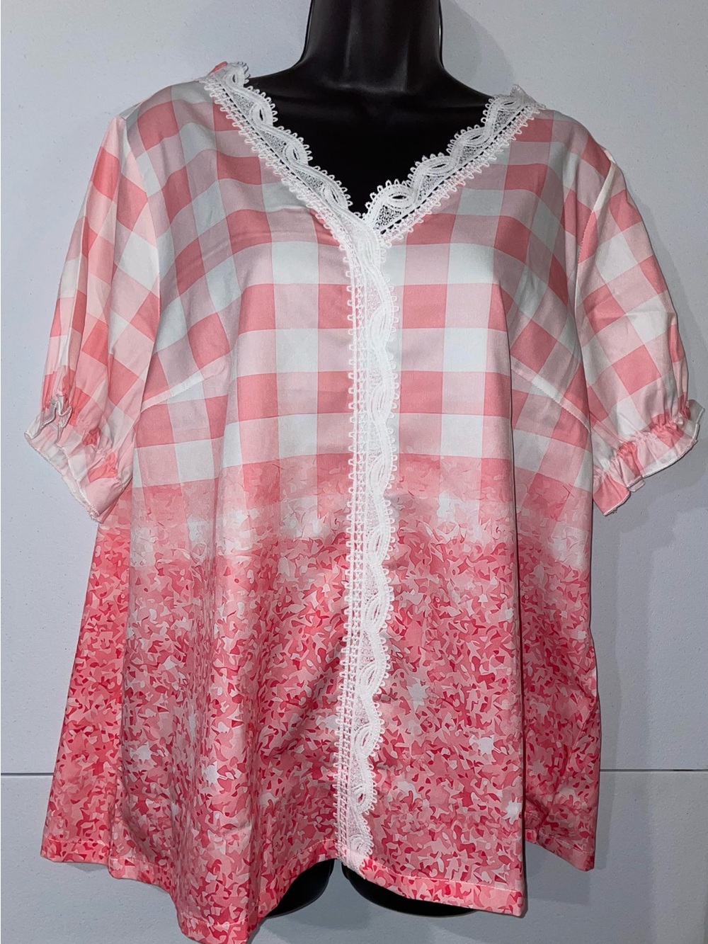 Pink Gingham & Floral Lace Trim Blouse